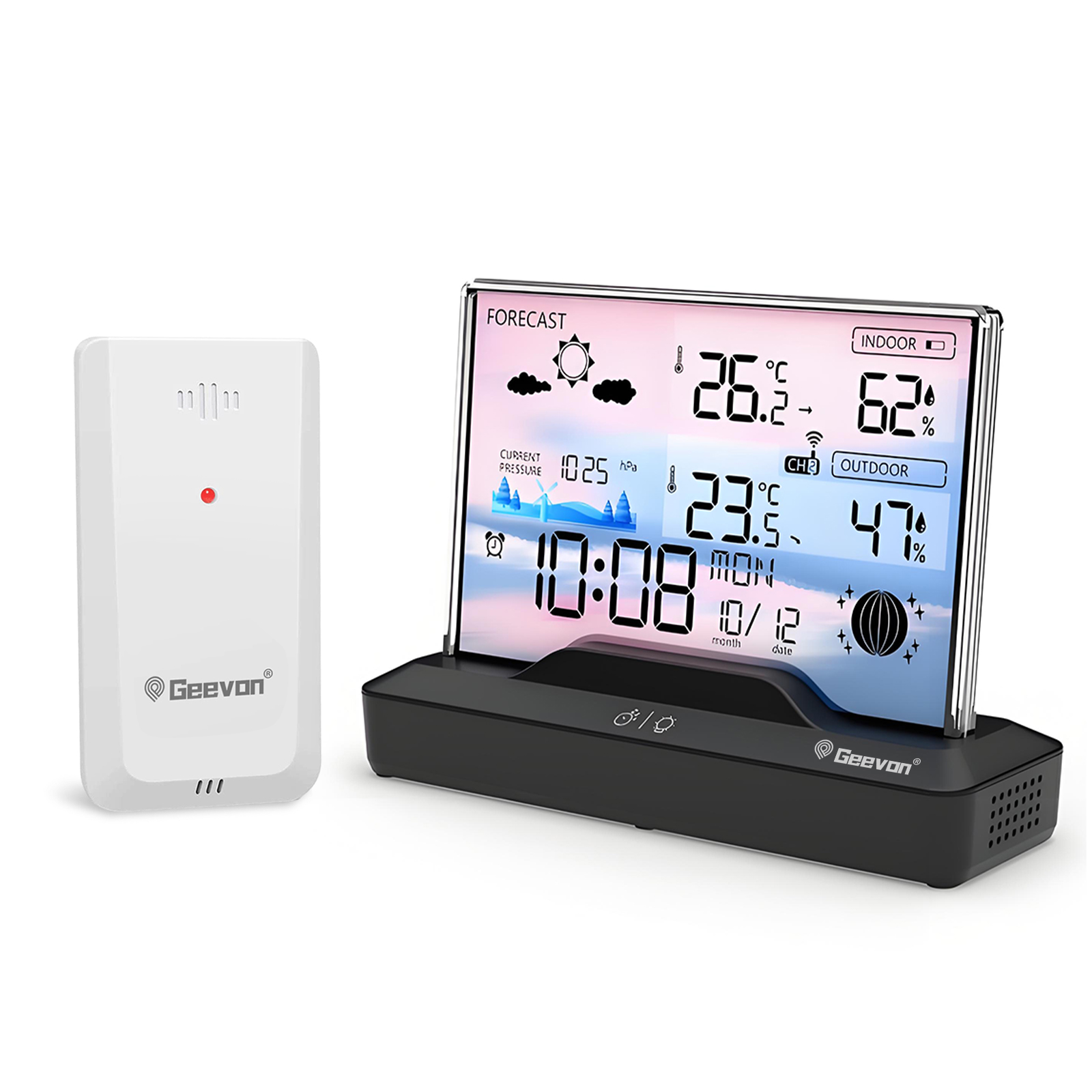 Weather Station Indoor - สถานีตรวจอุณหภูมิไร้สาย Geevon สำหรับใช้งานภายในและภายนอกอาคาร, เครื่องวัดอุณหภูมิพร้อมหน้าจอสี, เครื่องวัดอุณหภูมิแบบดิจิตอล