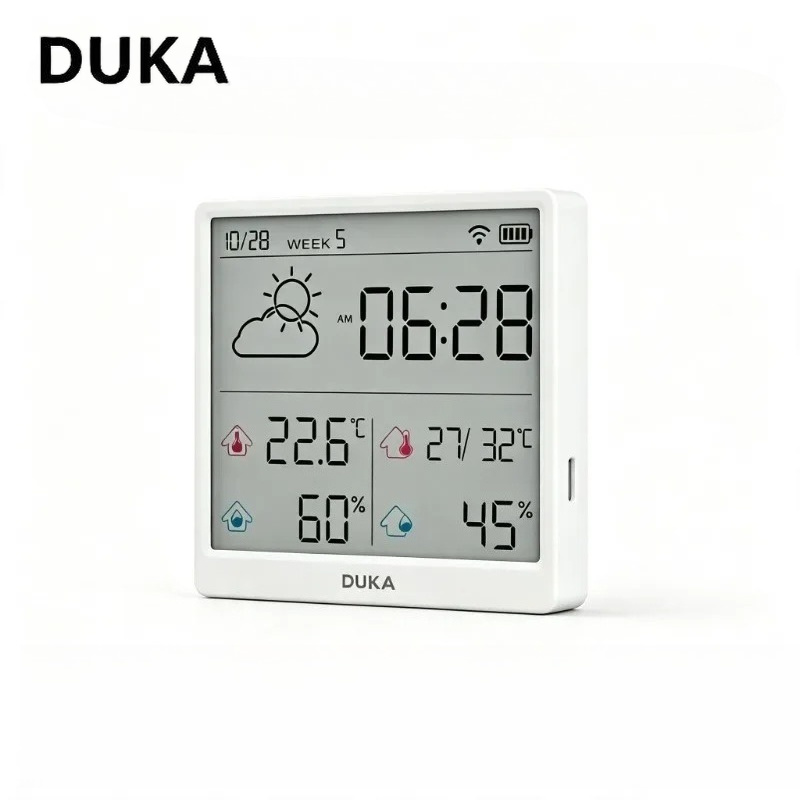 Weather Station Indoor - DUKA ATuMan เซ็นเซอร์วัดอุณหภูมิและความชื้นอัจฉริยะ Wi-Fi นาฬิกาดิจิทัล สถานีตรวจสภาพอากาศภายในอาคาร