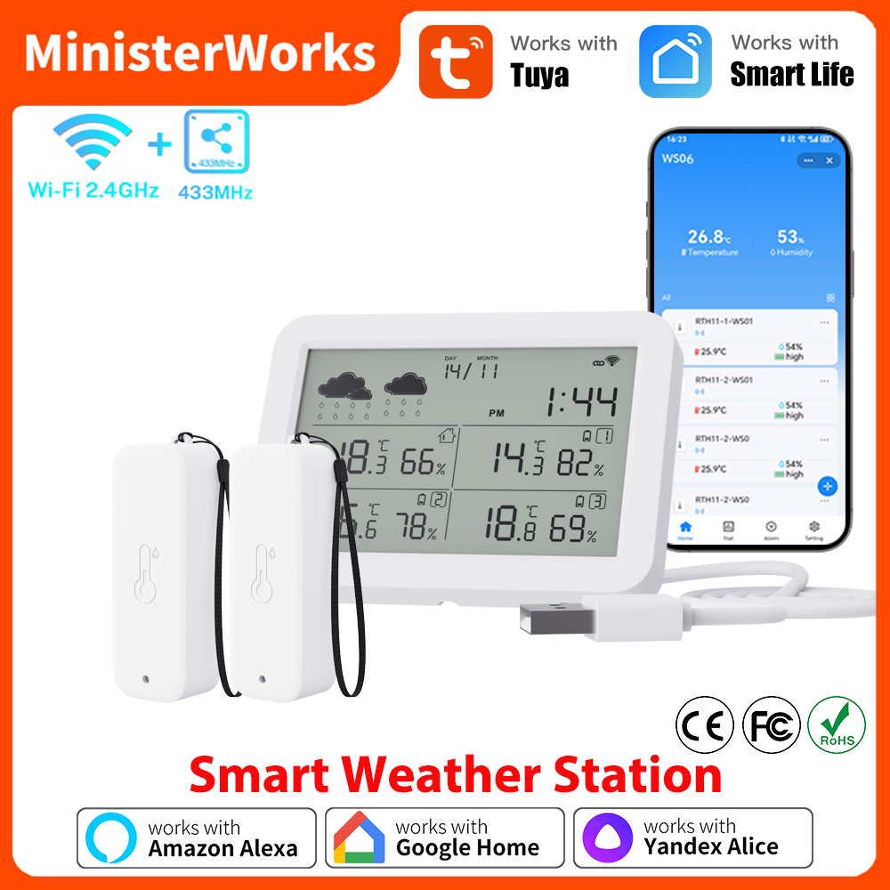 Weather Station Indoor - สถานีตรวจอากาศ Tuya WiFi RF433 เซ็นเซอร์วัดอุณหภูมิและความชื้นไร้สาย พร้อมหน้าจอดิจิตอล